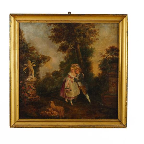 Scuola francese del XVIII secolo Scena galante in un giardino