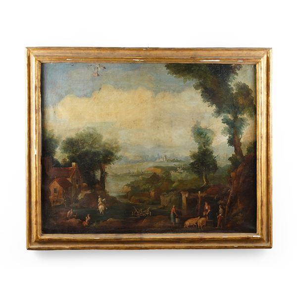 Scuola della fine del XVIII secolo Paesaggio con contadini e pastori