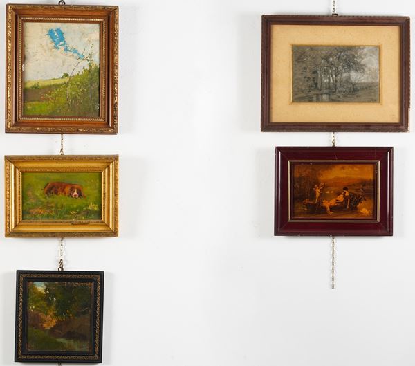 Lotto di tre dipinti, una carboncino e una stampa