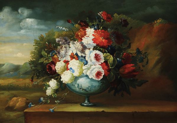 Scuola del XVIII-XIX secolo Vaso di fiori entro paesaggio
