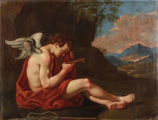 Scuola del XVIII secolo Angelo in contemplazione del crocifisso