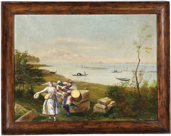G. Galanti 1880 Laguna veneziana con Arlecchino
