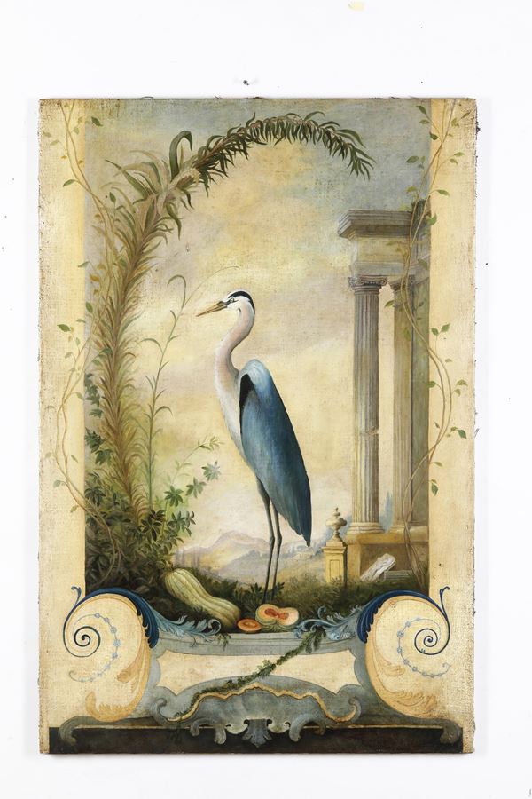 Scuola del XIX-XX secolo Vedute con volatili, architetture e frutti