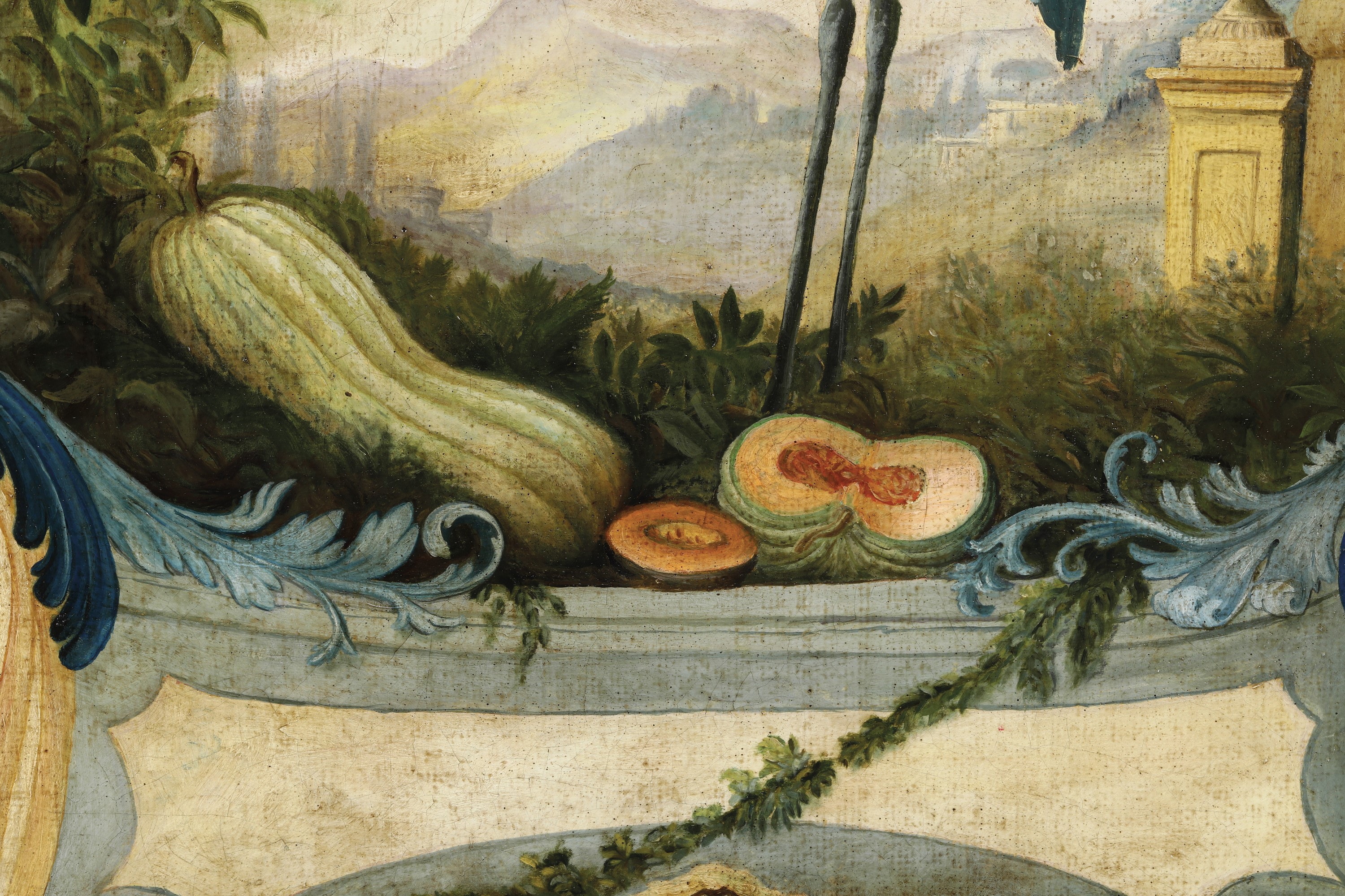 Scuola del XIX-XX Secolo Vedute con Volatili, Architetture e Frutti