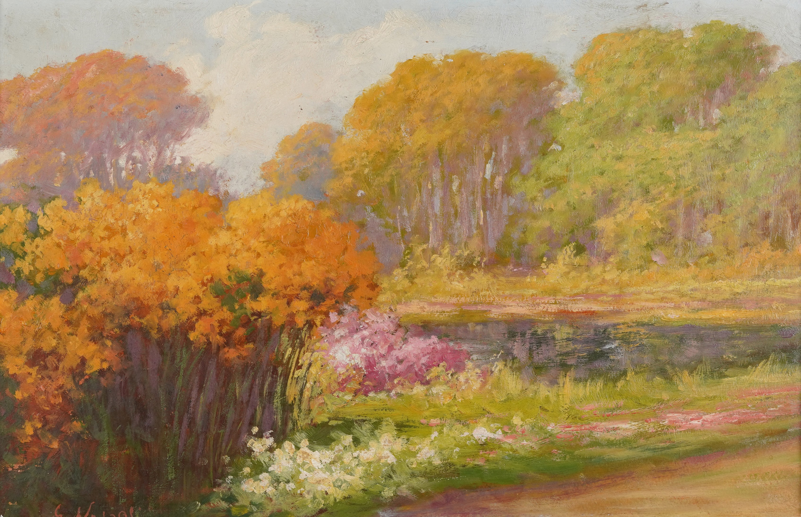 Guglielmo Napoli (XIX-XX Secolo) - Paesaggio lacustre, olio su cartone