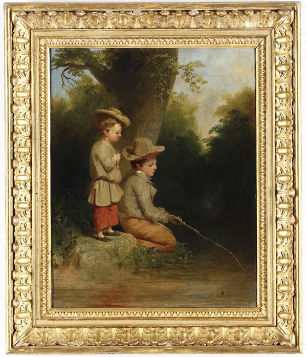 Scuola del XIX secolo Coppia di bambini seduti in riva al fiume a pescare