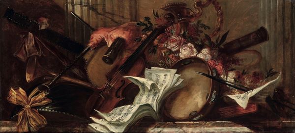 Scuola della fine del XVIII secolo Nature morte con strumenti musicali, libri, sculture, frutti e vasi di fiori