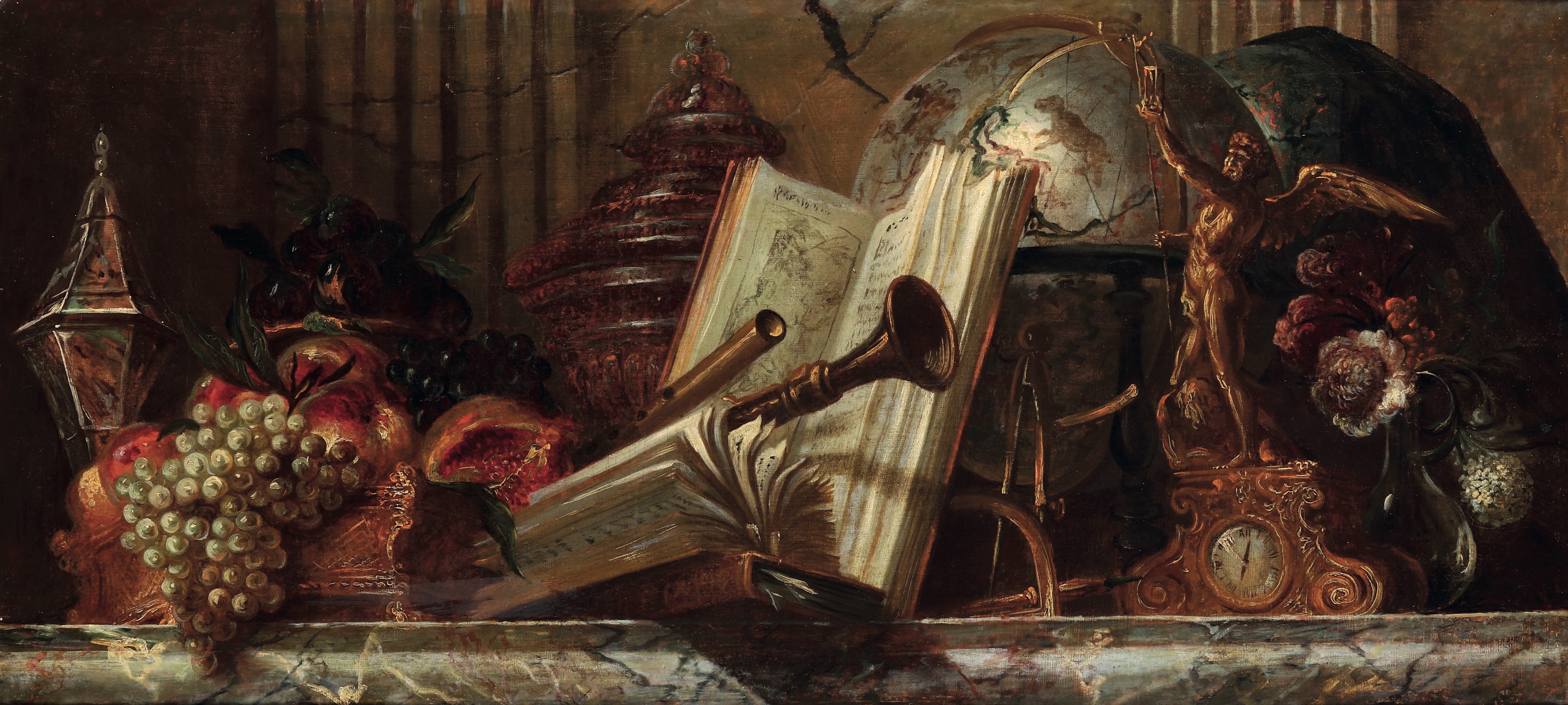 Scuola della Fine del XVIII Secolo Nature Morte con Strumenti Musicali, Libri, Sculture, Frutti e...