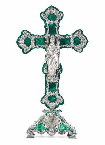 Croce da meditazione, argento fuso sbalzato cesellato e dorato con malachite