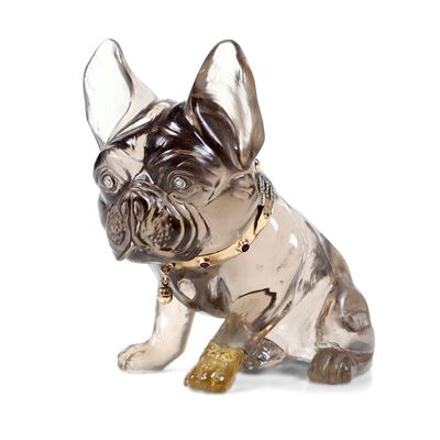 Probabile Atelier di Karl Fabergé, Bulldog francese in agata fumé, oro e brillanti