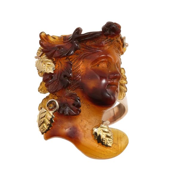 Amber and low-karat gold ring