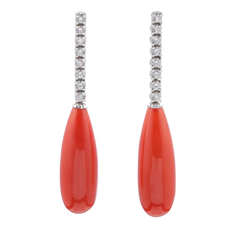 Pair of coral and diamond earrings  - Auction Fine Jewellery - Cambi Casa d'Aste