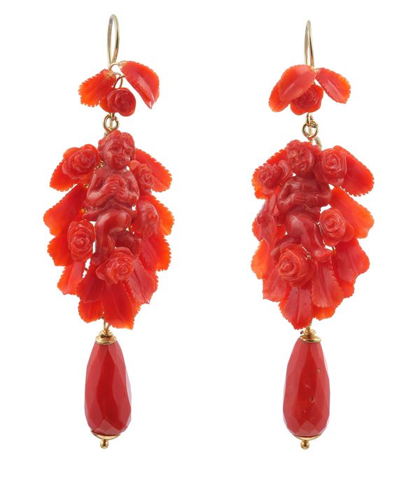 Pair of low-karat gold and coral earrings