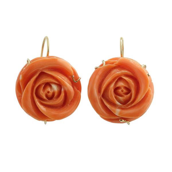 Pair of carved coral and gold earrings