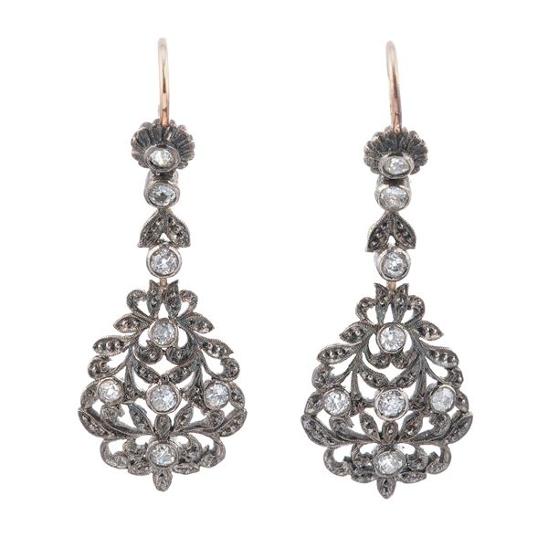 Pair of old-cut diamond gold and silver earrings