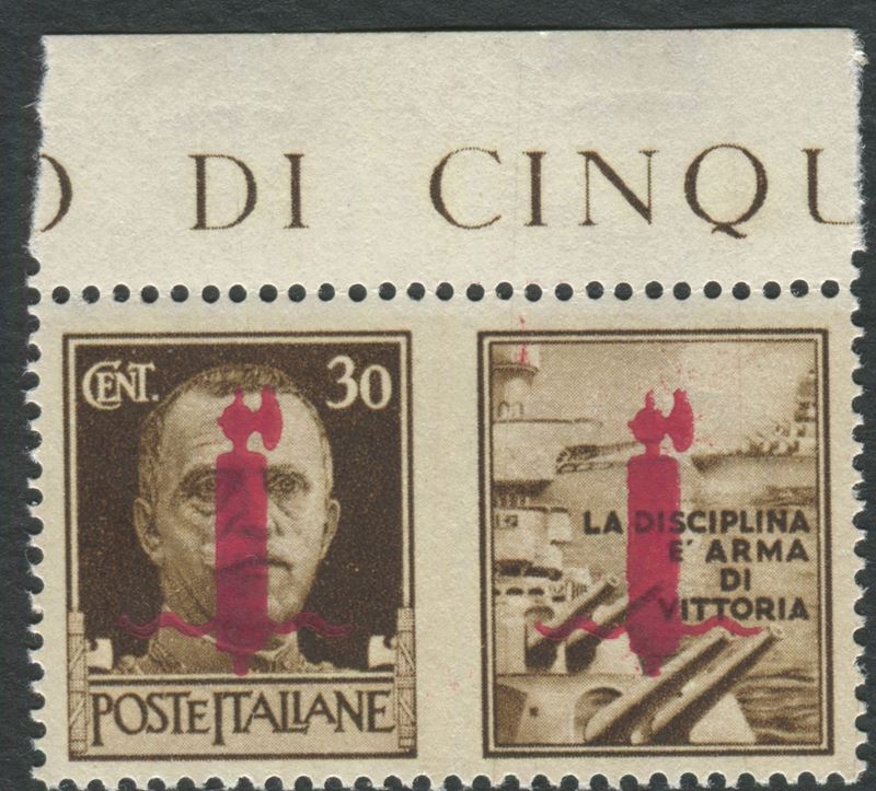 1944, Repubblica Sociale Italiana, Propaganda di Guerra, 30c. bruno bdf con le stesse soprastampe su entrambe le sezioni (41)  - Auction Postal History and Philately - Cambi Casa d'Aste