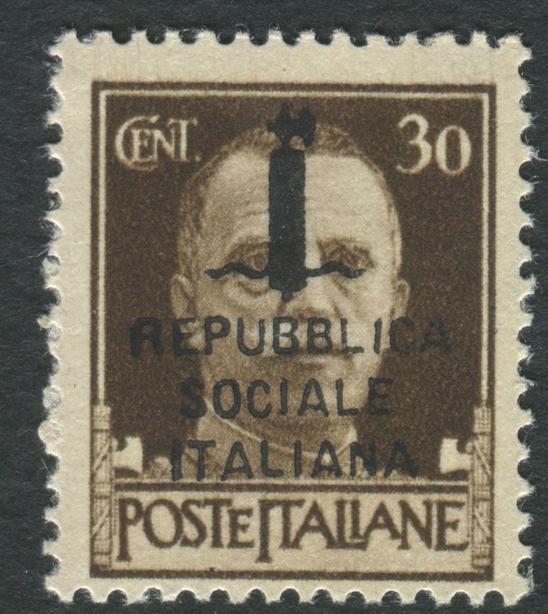 1944, Repubblica Sociale Italiana, Scambi di soprastampa, 30c. bruno (492B)  - Auction Postal History and Philately - Cambi Casa d'Aste