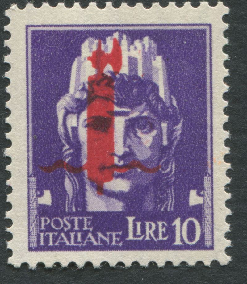 1944, Repubblica Sociale Italiana, Saggi, Posta ordinaria, 10 lire violetto (P23)  - Asta Storia Postale e Filatelia - Cambi Casa d'Aste