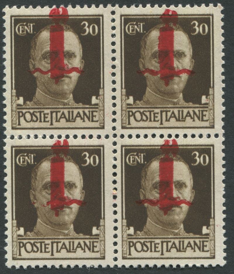1944, Repubblica Sociale Italiana, 30c. bruno quartina con soprastampa fortemente spostata in alto (492/IIphd)  - Asta Storia Postale e Filatelia - Cambi Casa d'Aste