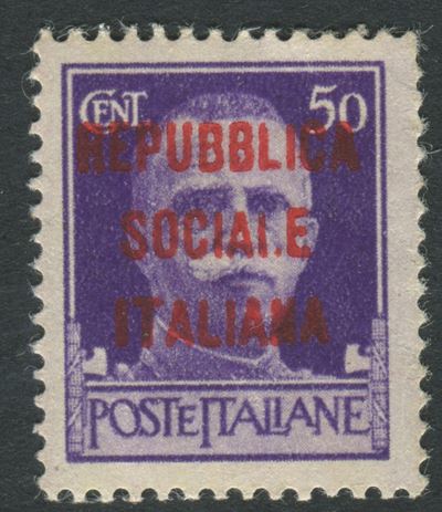 1944, Repubblica Sociale Italiana, 50c. Violetto, Posizione 85 “sociai.e”