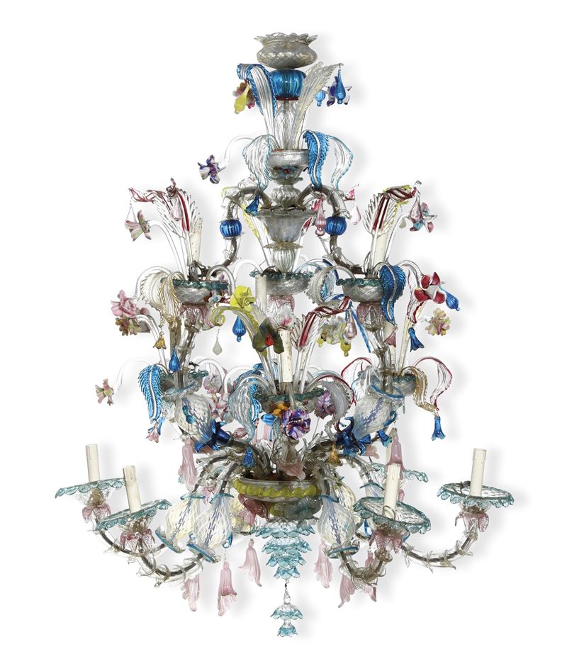 Lampadario a sei braccia in vetro di Murano. XX secolo  - Auction Antique - Cambi Casa d'Aste
