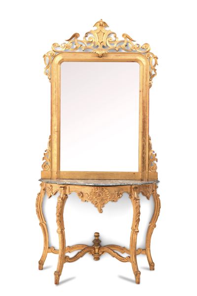 Console con Specchio in Legno Intagliato e Dorato. XIX-XX Secolo