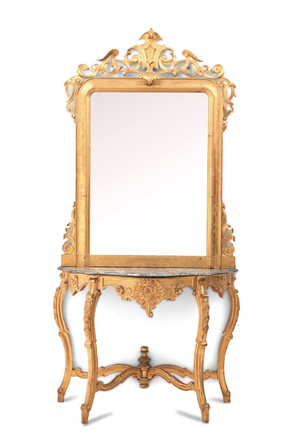 Console con specchio in legno intagliato e dorato. XIX-XX secolo