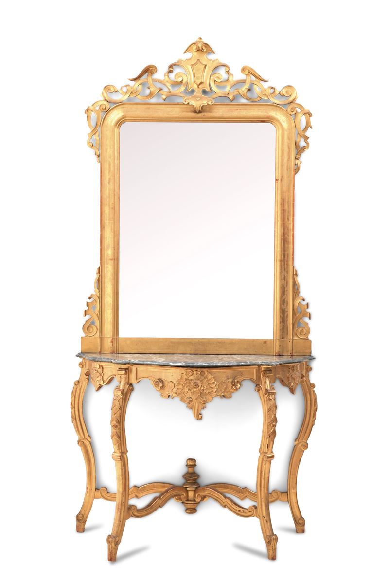 Console con specchio in legno intagliato e dorato. XIX-XX secolo  - Asta Antiquariato - Cambi Casa d'Aste
