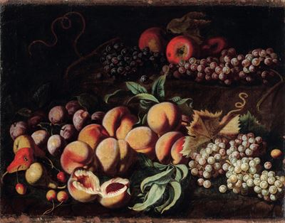 Natura morta con grappoli d'uva e altri frutti, olio su tela