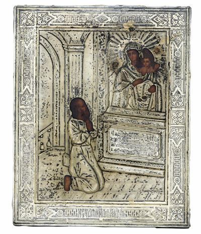Mosca, 1896. Santo orante, icona su tavola con riza in argento fuso, sbalzato, cesellato e dorato