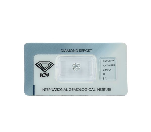 Brilliant-cut diamond weighing 0.86. color H, clarity IF, fluorescence none. Gemmological Report IGI Antwerp n. F5F33126