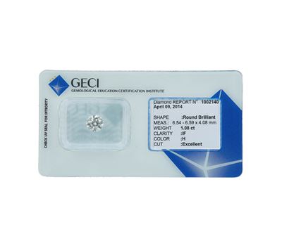 Diamante Taglio Rotondo a Brillante di Ct 1.08, Colore H, Caratteristiche Interne If, Fluorescenz...