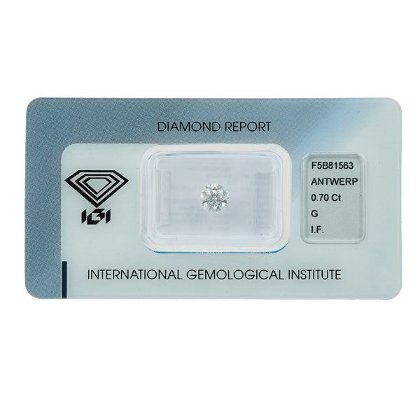 Diamante taglio rotondo a brillante di ct 0.70, colore G, caratteristiche interne IF, fluorescenza UV nulla