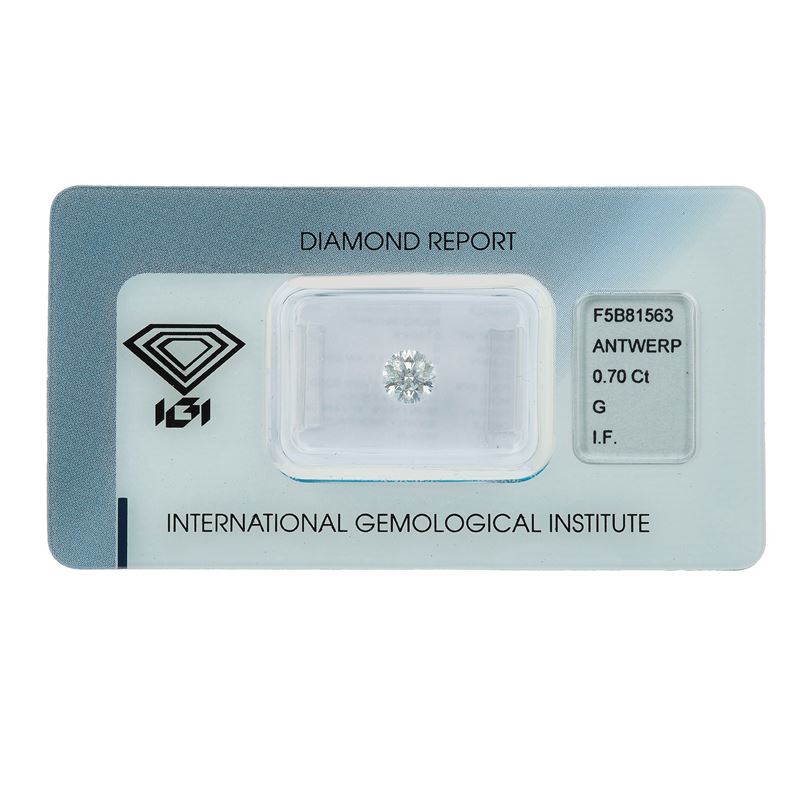 Brilliant-cut diamond weighing 0.70 carats, color G, clarity IF, fluorescence none. Gemmological Report IGI Antwerpen n. F5B81563  - Auction Fine Jewels - Cambi Casa d'Aste