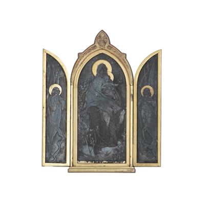 Trittico in Bronzo Brunito e Dorato Raffigurante la Vergine con il Bambino e Due Santi a Grisaill...