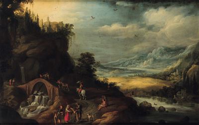 Paesaggio fluviale con viandanti, olio su tela