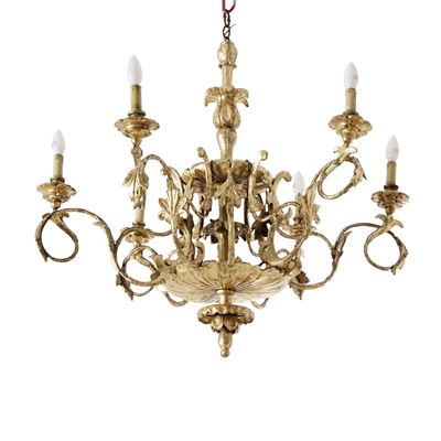 Lampadario in Metallo Dorato a Sei Luci