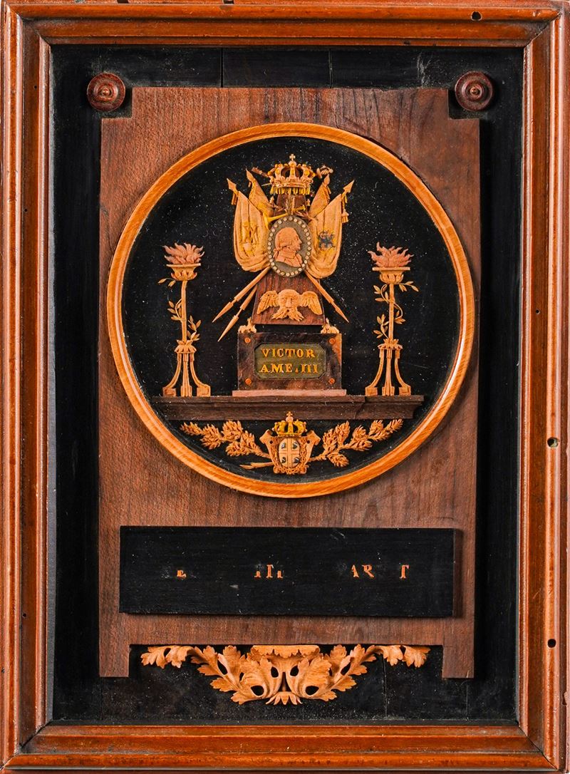 Giuseppe Maria Bonzanigo : Monumento commemorativo a Vittorio Amedeo III. Importante microintaglio in varie essenze lignee. Torino, 1785-1790.  - Auction Italian Mansions - Cambi Casa d'Aste