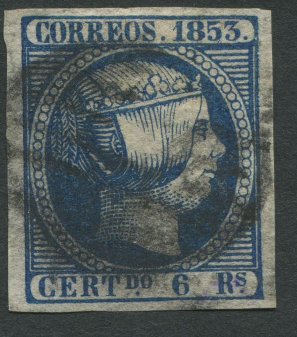1853, Spagna, 6 reales azzurro usato (Scott 23)