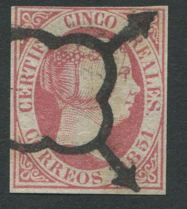 1851, Spagna, 5 reales rosa usato (Scott 9)