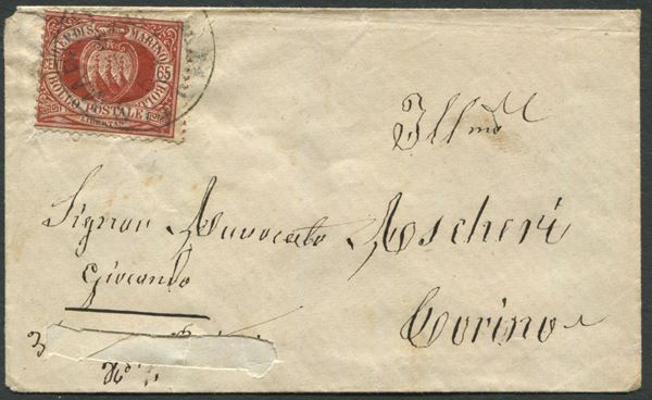 1894, S.Marino, Lettera per Torino con 65c. Bruno rosso (19)