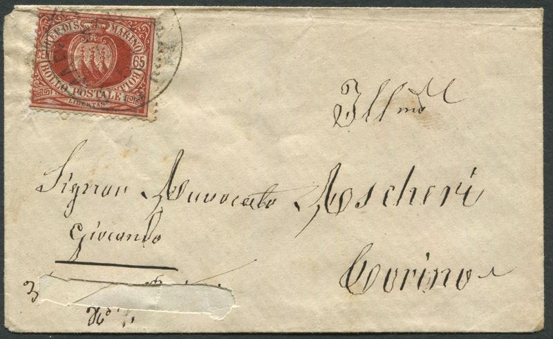 1894, S.Marino, Lettera per Torino con 65c. Bruno rosso (19)  - Auction Postal History and Philately - Cambi Casa d'Aste