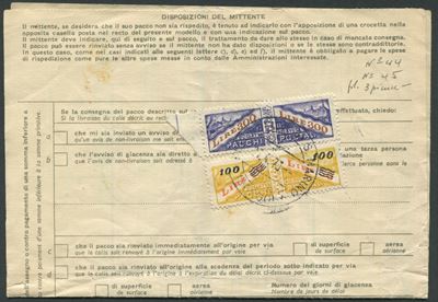 1973, S.marino, Bollettino di Spedizione dagli Usa a S.marino con Francobolli per Pacchi 100l. su...