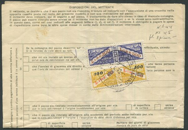 1973, S.Marino, Bollettino di spedizione dagli USA a S.Marino con francobolli per pacchi 100l. su 50l. e 300l. (44/45)