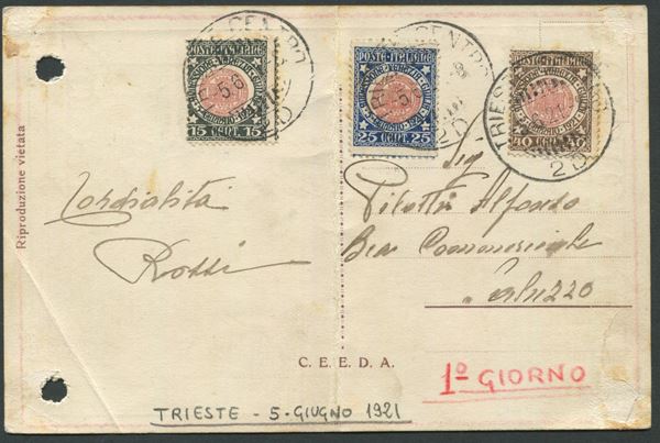 1921, Regno, Cartolina da Trieste a Saluzzo con serie cpl. “Annessione Venezia Giulia” 1° giorno d’emissione (S.19)