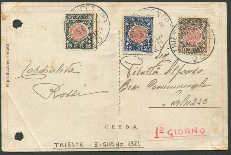 1921, Regno, Cartolina da Trieste a Saluzzo con serie cpl. “Annessione Venezia Giulia” 1° giorno d’emissione (S.19)  - Asta Storia Postale e Filatelia - Cambi Casa d'Aste