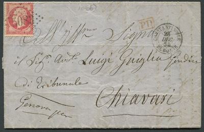1864, Levante Francese, Lettera da Costantinopoli a Chiavari con 80c. Carminio “napoleone III” (s...