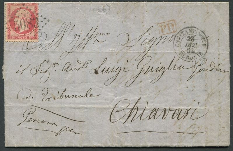 1864, Levante francese, Lettera da Costantinopoli a Chiavari con 80c. carminio “Napoleone III” (Scott 20)  - Auction Postal History and Philately - Cambi Casa d'Aste