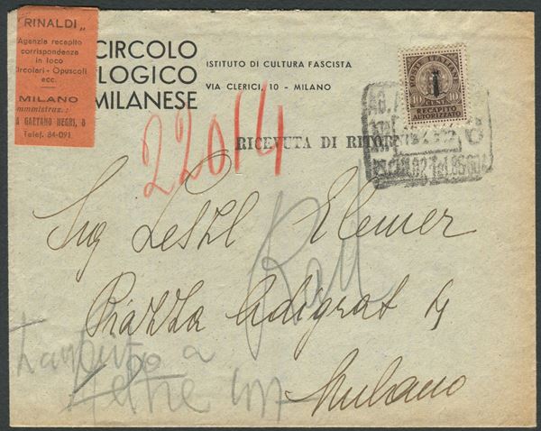 1944, Repubblica Sociale italiana, Busta da Milano a città con francobollo di recapito autorizzato 10c. bruno (4)