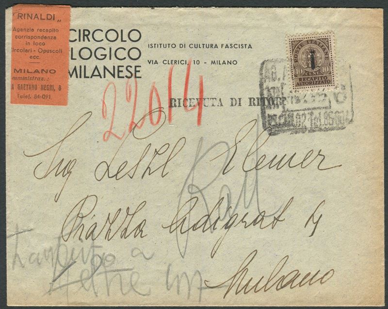 1944, Repubblica Sociale italiana, Busta da Milano a città con francobollo di recapito autorizzato 10c. bruno (4)  - Asta Storia Postale e Filatelia - Cambi Casa d'Aste